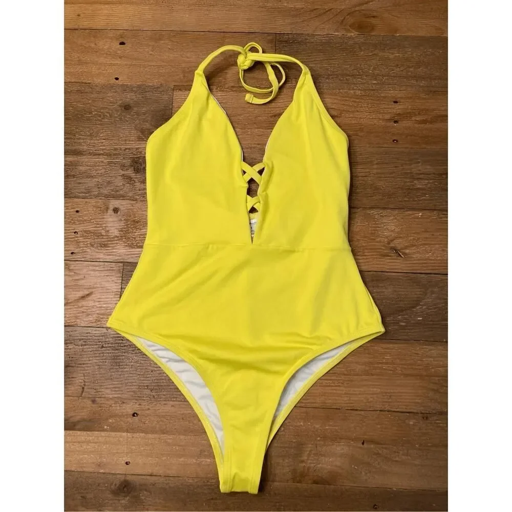 Frederick's of Hollywood SMALL NWT Sunset Strap Blazing Yellow Halter Swimsuit